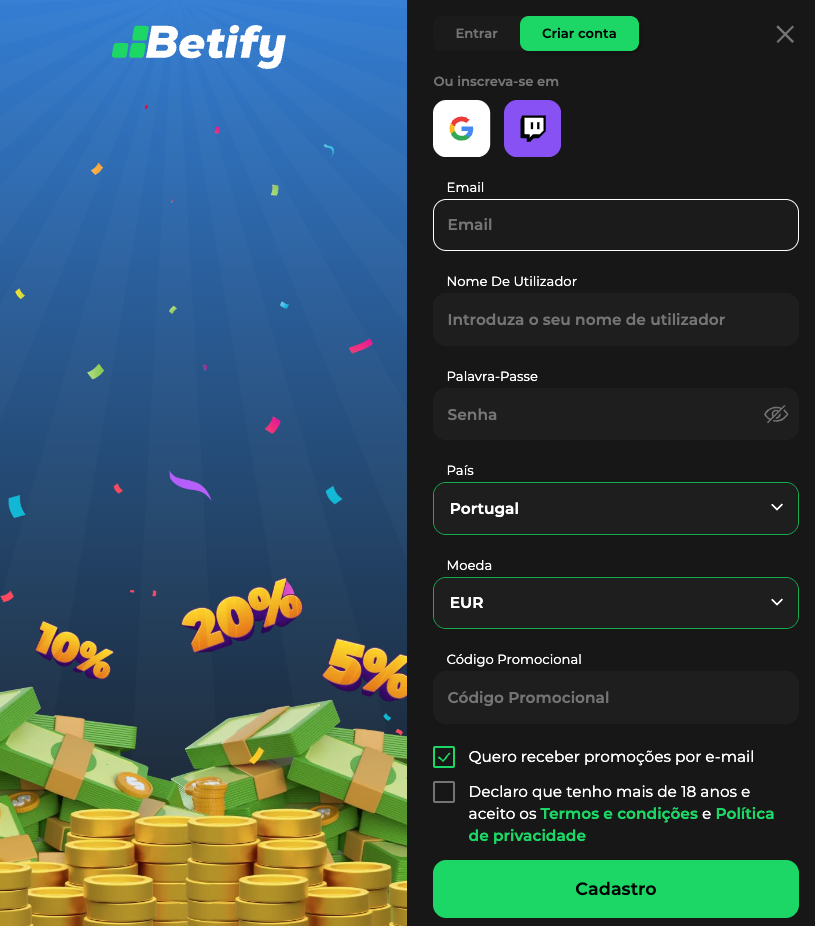 Registo no Betify Online Betify Online registo