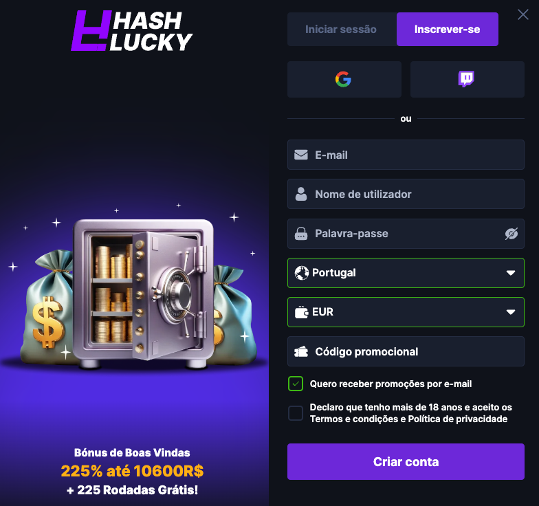 Registo no HashLucky Casino HashLucky Casino registo