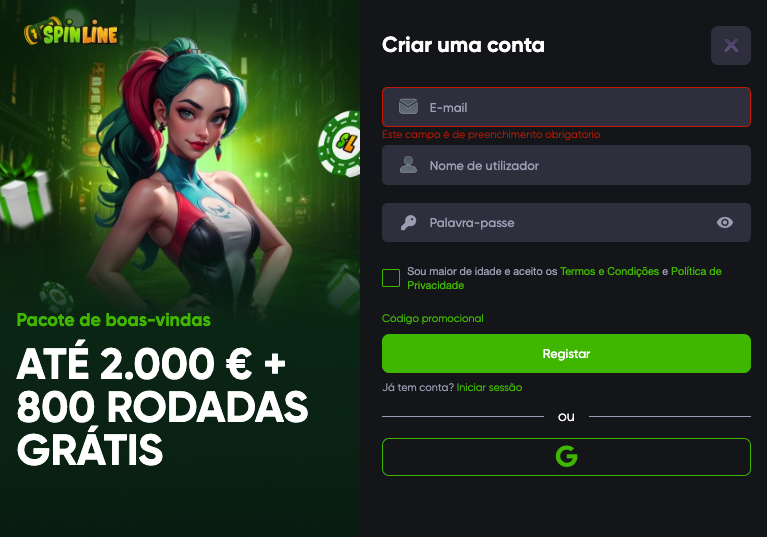Registo no Spinline Casino Spinline Casino registo